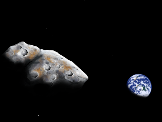 An asteroid in space with Earth in the background.