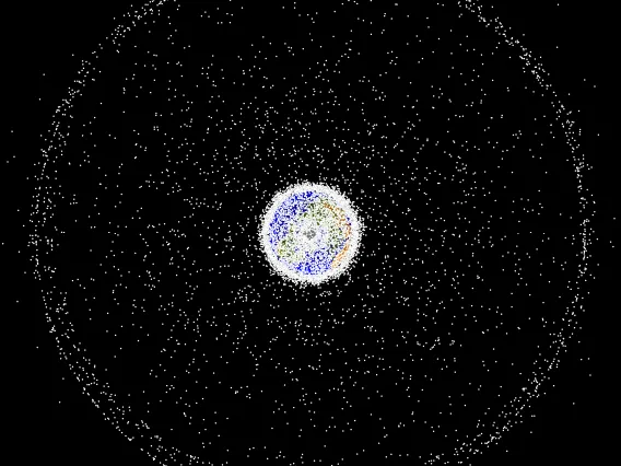 Computer-generated image of orbital debris around Earth.