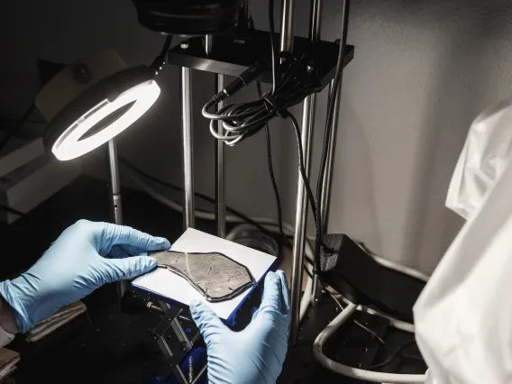 Photo of a researcher examining an object in the lab.