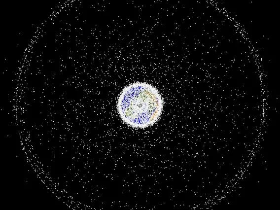 Computer-generated image showing objects in Low Earth Orbit.