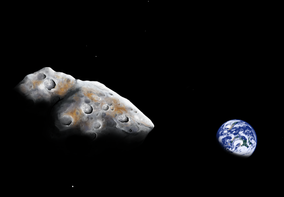 An asteroid in space with Earth in the background.