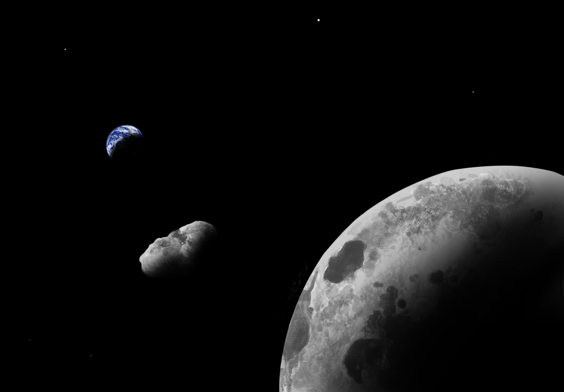 An artist's impression of Earth quasi-satellite Kamo`oalewa near the Earth-moon system