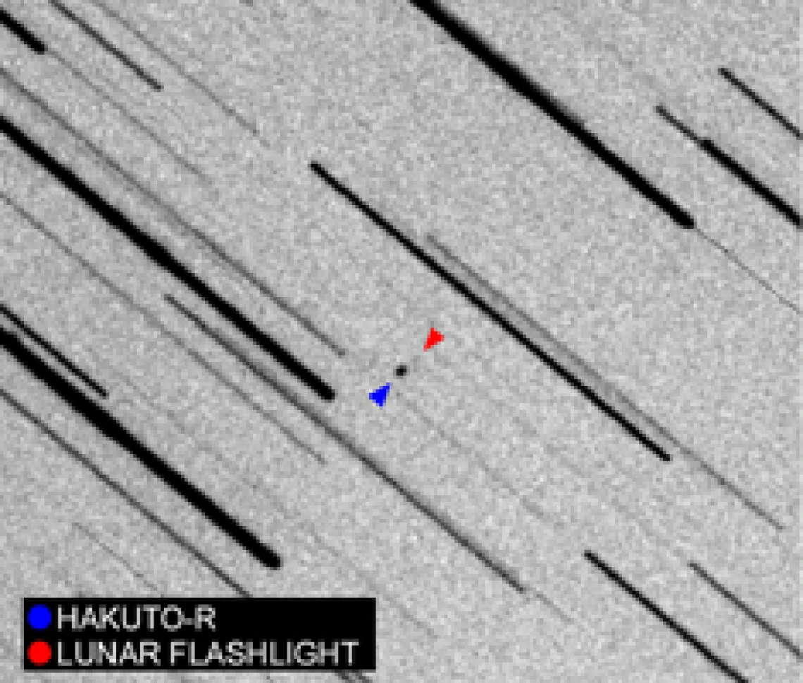 Image showing observations of two spacecraft, seen as dots, on their way to the moon.