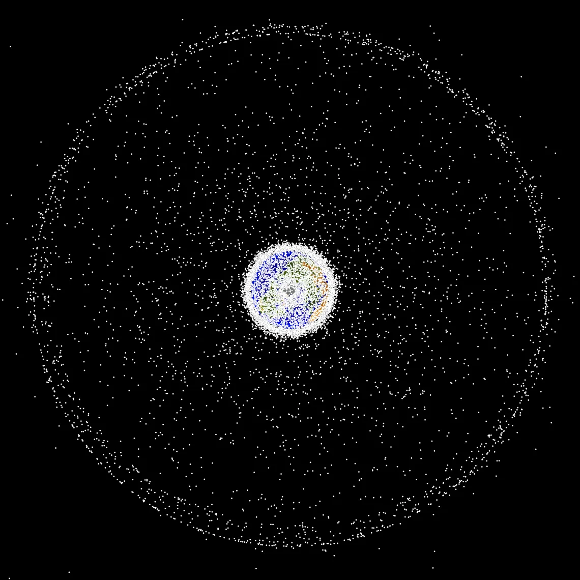 Computer-generated image of orbital debris around Earth.